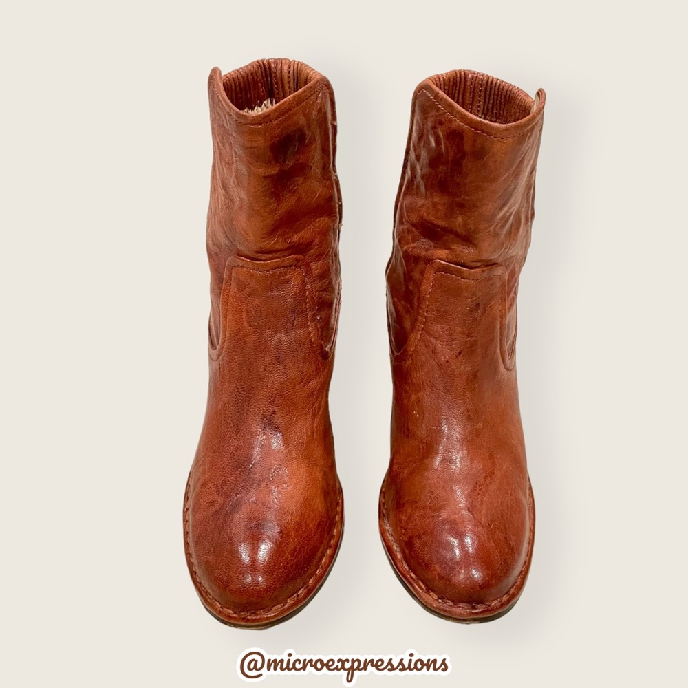 Frye Lucinda Scrunch Real Cognac Brown Leather Stretchy Heeled Short Ankle Boot - Picture 7 of 15
